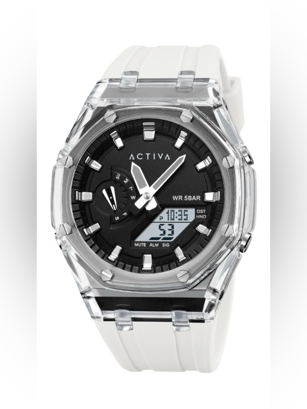 ACTIVA By Invicta Clear Case White Band Black Dial Hybrid Watch (ACW2100-004)
